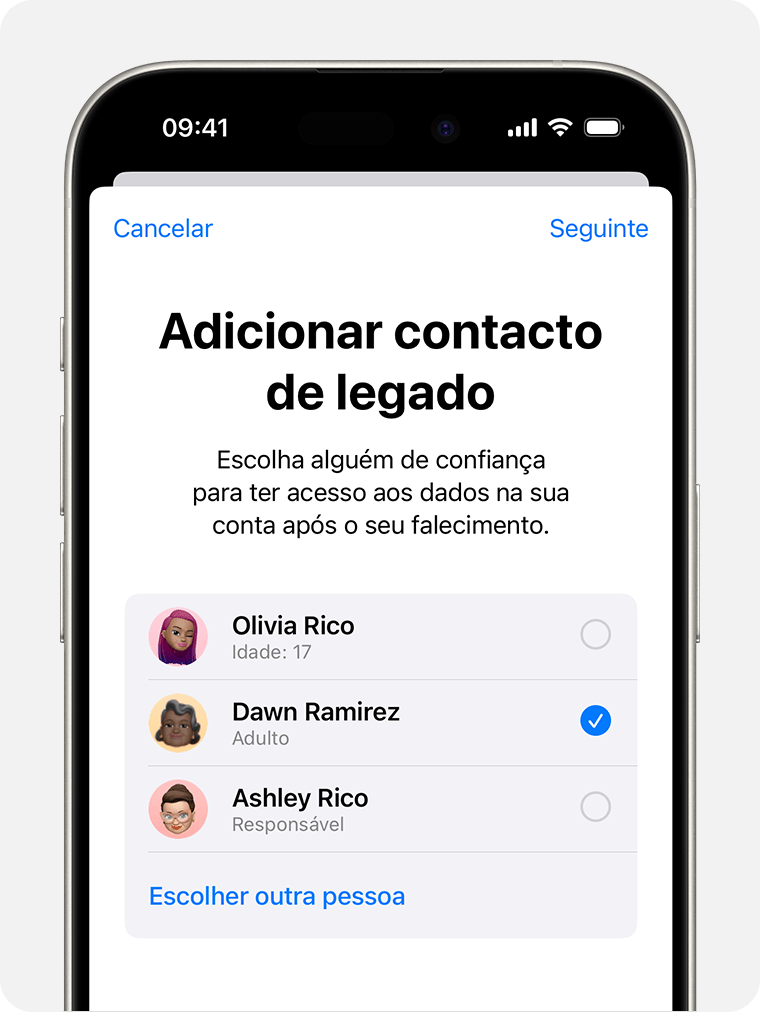 iPhone mostrar os membros de Partilha com a família que pode adicionar como contacto de legado