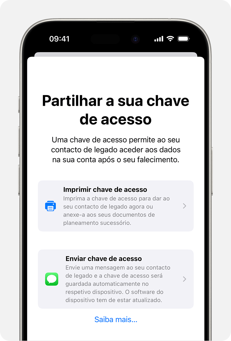 iPhone a mostrar as opções para partilhar uma chave de acesso com um contacto de legado