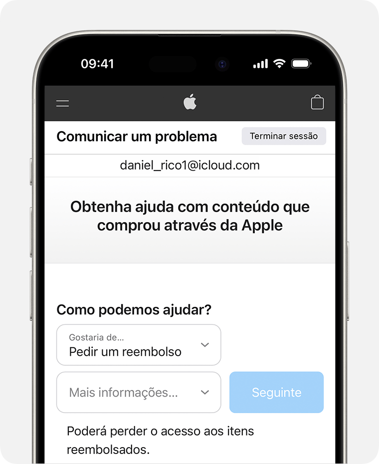 iPhone a mostrar o site Comunicar um problema onde pode pedir um reembolso. Depois de selecionar Pedir um reembolso, escolha o motivo pelo qual está a pedir o reembolso.