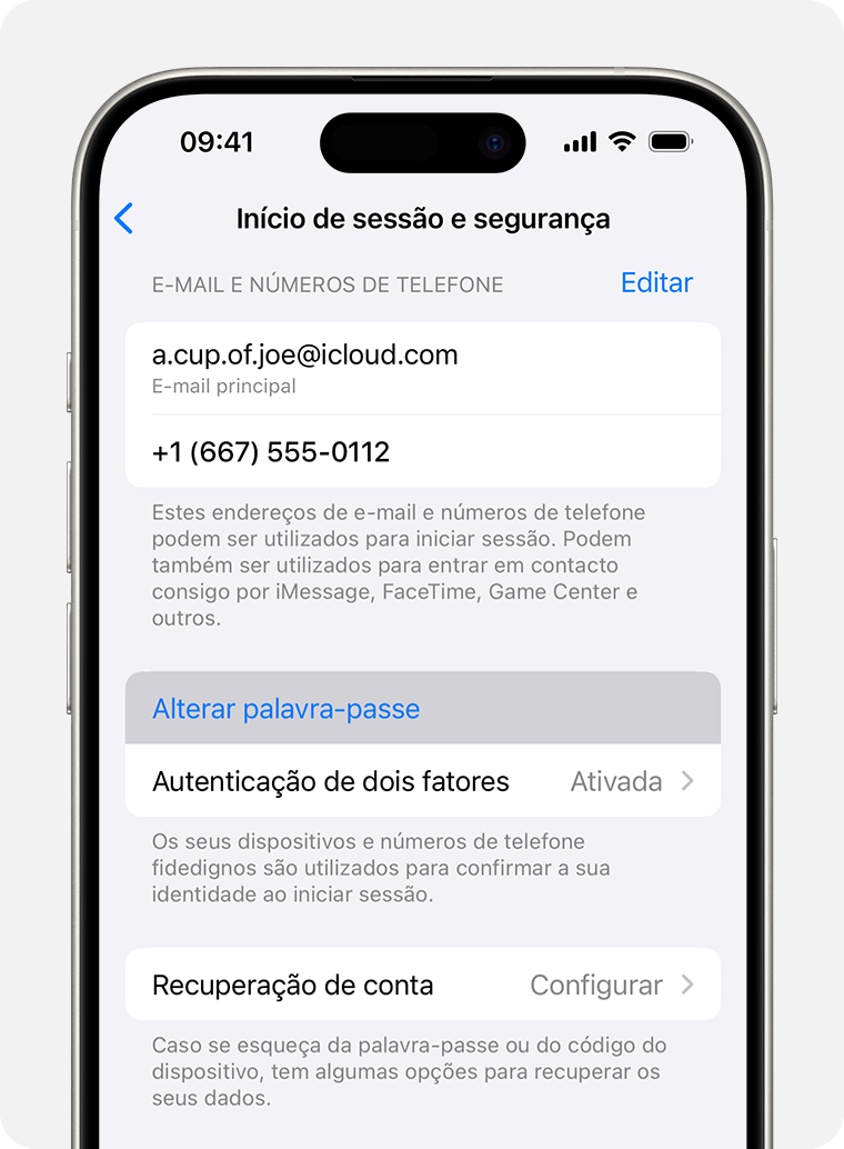 iPhone a mostrar o botão Alterar palavra-passe nas Definições