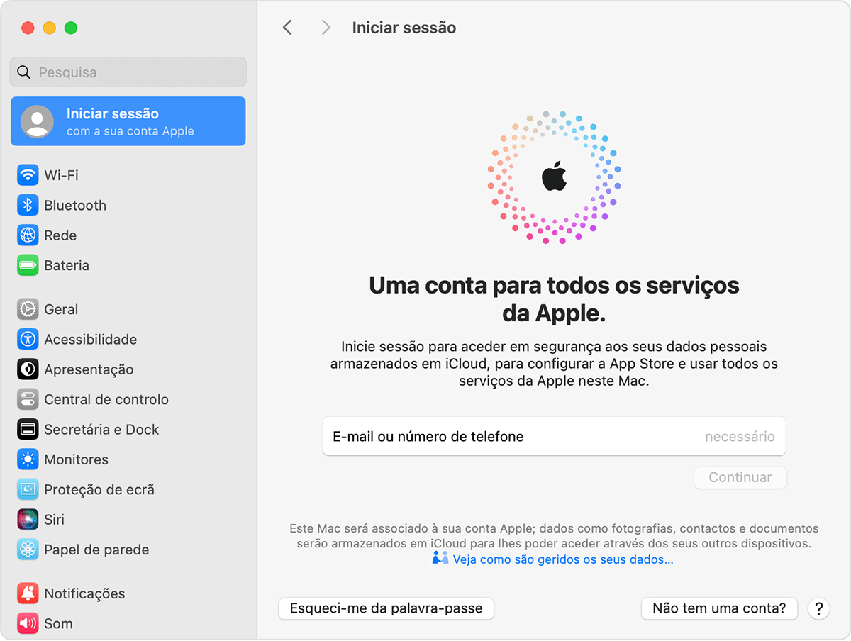 Iniciar sessão com a conta Apple no Mac