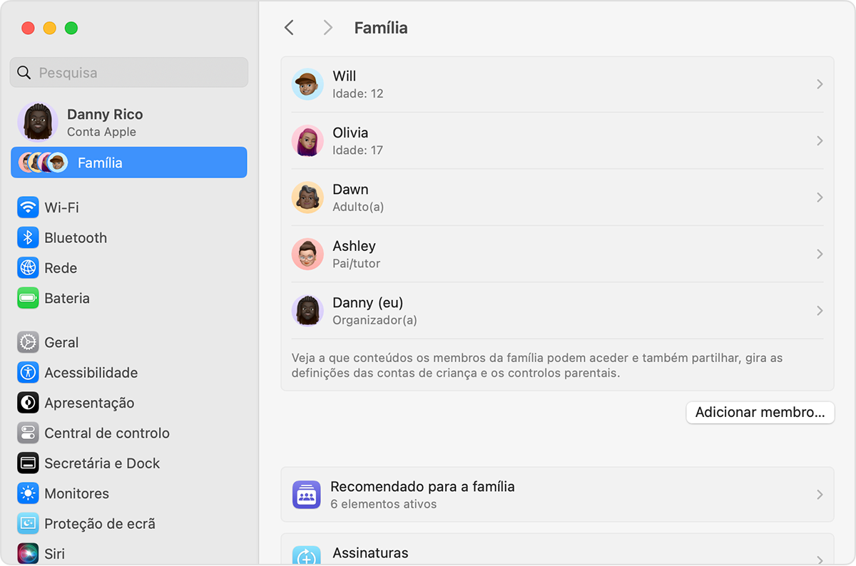 Ecrã do macOS a mostrar os passos para adicionar um membro ao seu grupo de Partilha com a família.