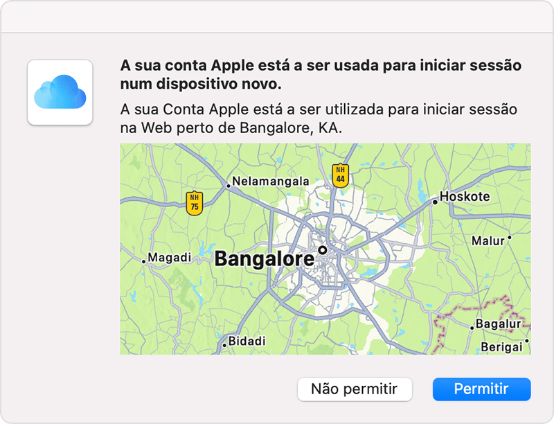 Mapa com Washington, DC marcada de forma proeminente. A legenda indica que uma conta Apple está a ser utilizada para iniciar sessão na web perto de Ashburn, VA.