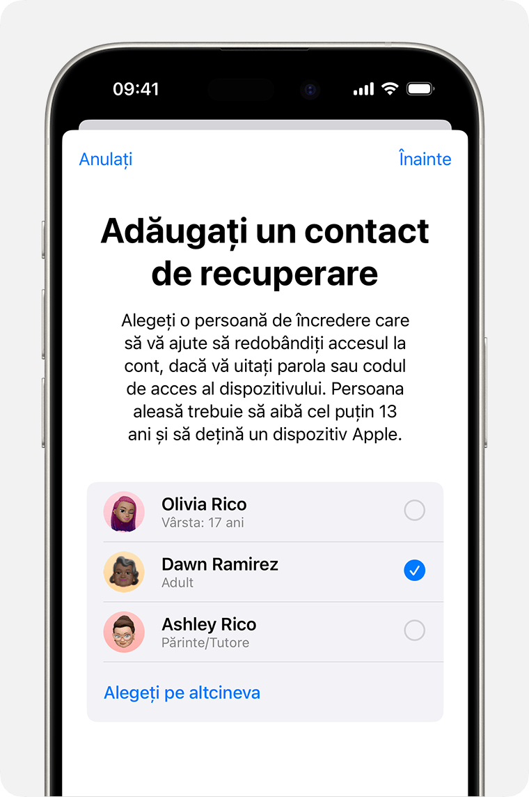 Ecran de iPhone care arată contactele pe care le poți adăuga ca persoane de contact pentru recuperare