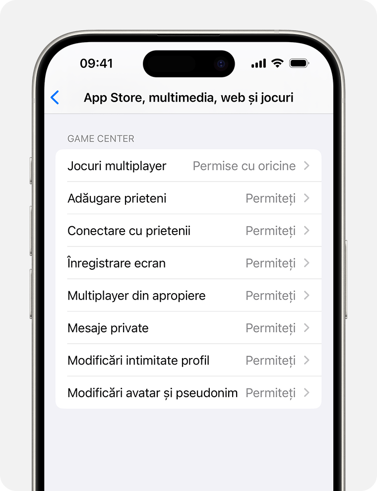 Ecran de iPhone care afișează opțiunile Restricții de conținut pentru controalele parentale