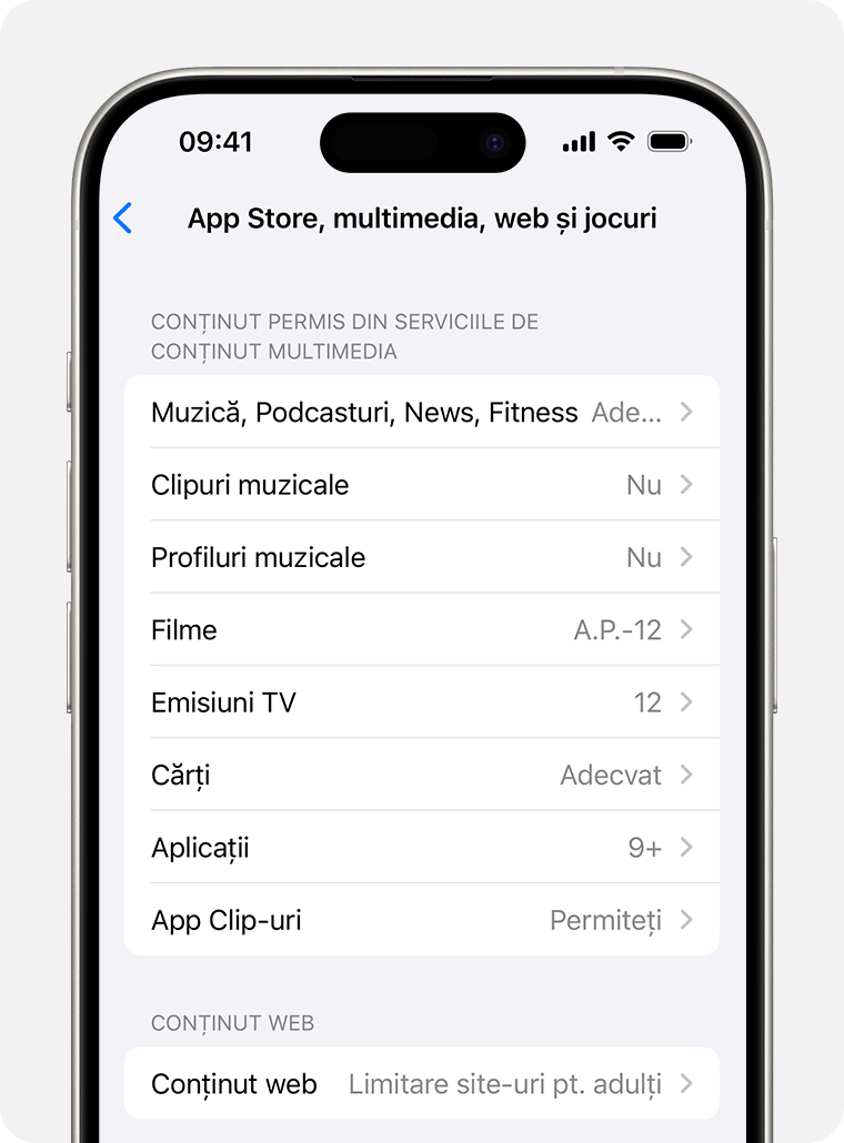 Ecran de iPhone care afișează opțiunile pentru Restricții de conținut