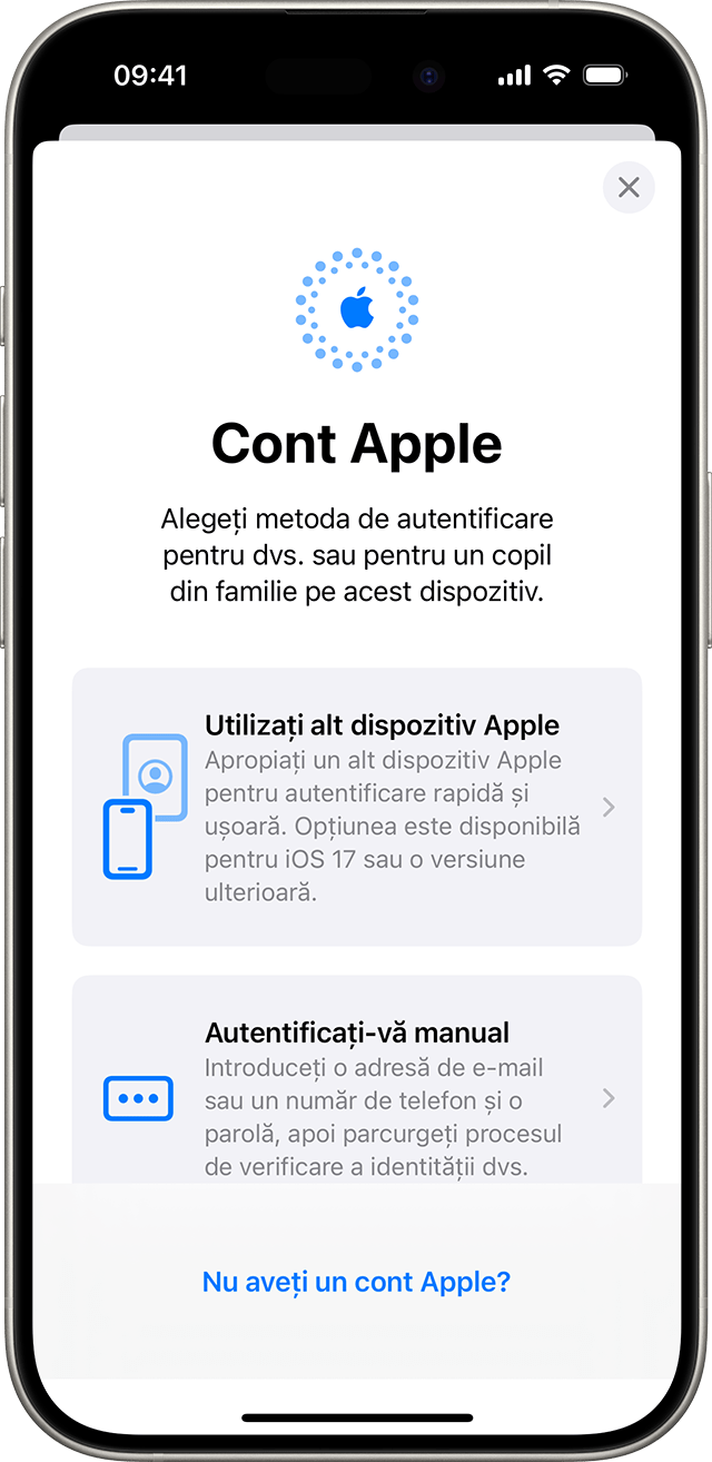 în configurările pentru iPhone, te poți autentifica manual cu Contul Apple sau poți folosi un alt dispozitiv Apple.