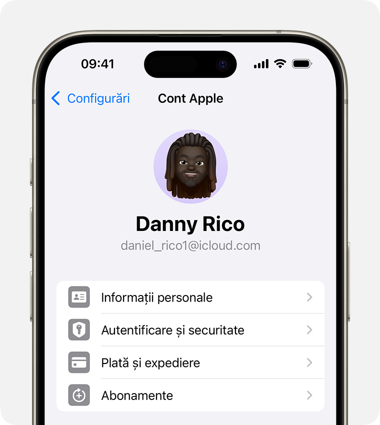 Configurările contului Apple în aplicația Configurări de pe iPhone.