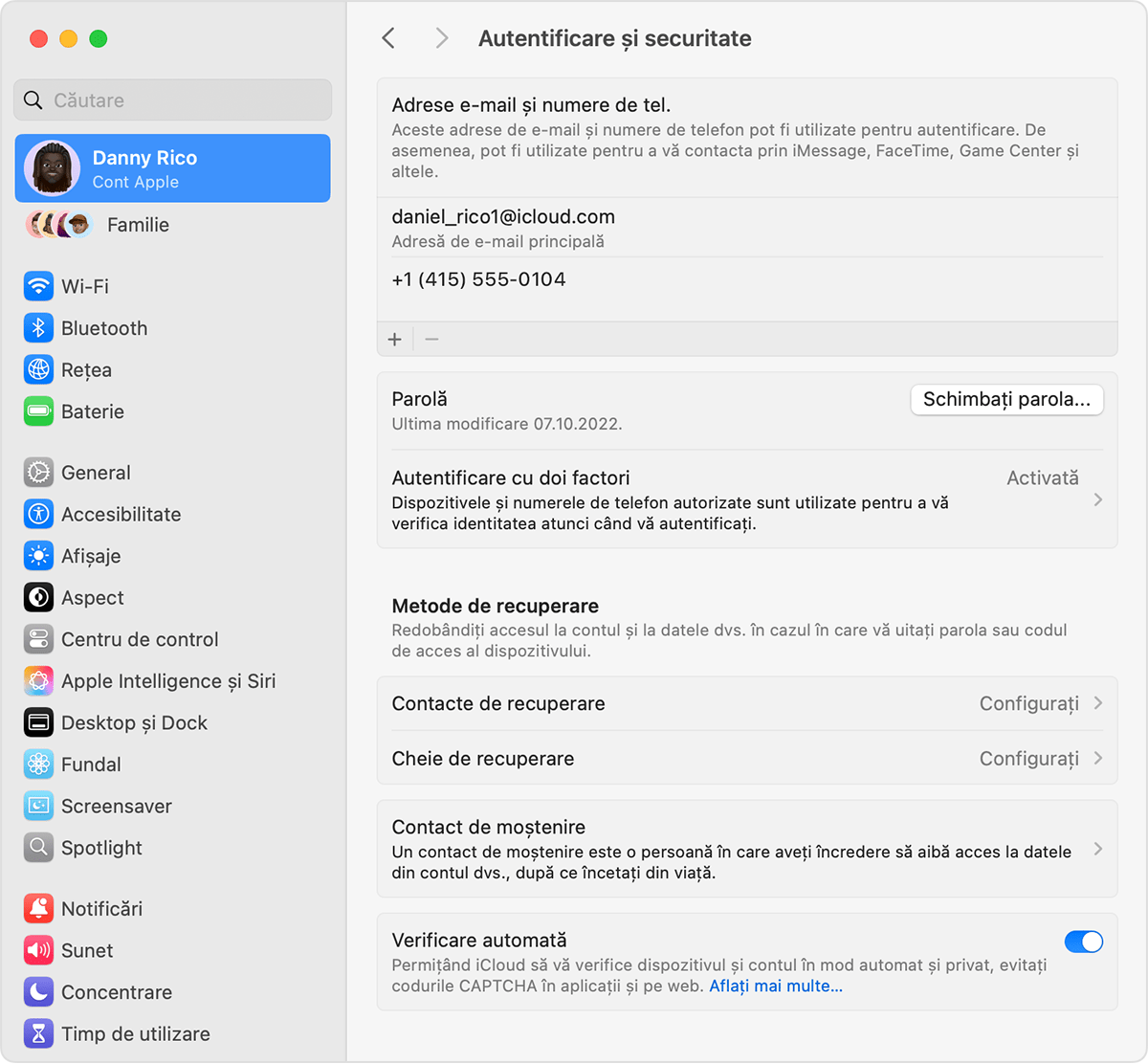 Un Mac care afișează Configurări sistem și cum să adaugi o persoană de contact pentru recuperare
