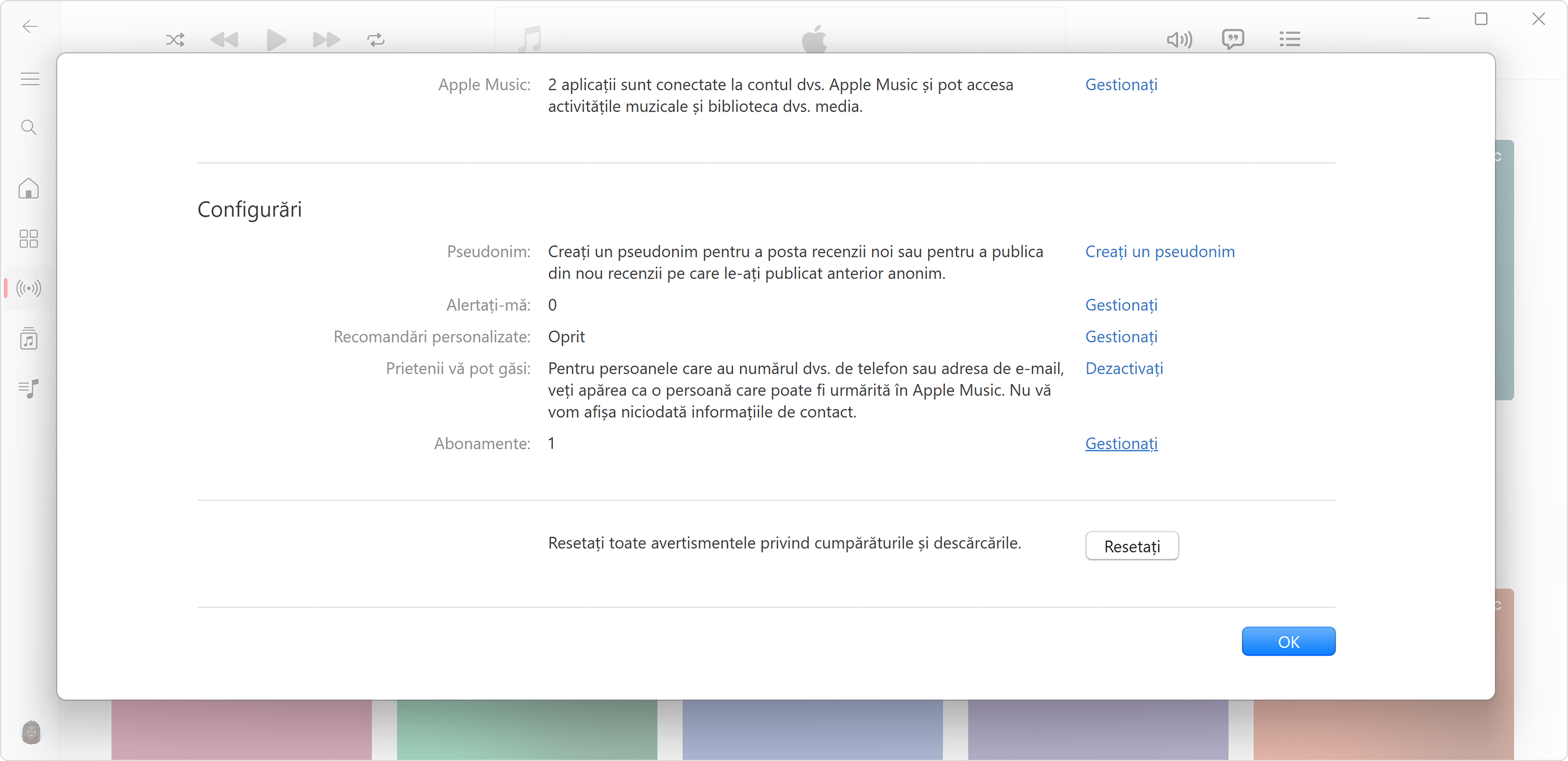 Configurările contului Apple în aplicația Apple Music pentru Windows.