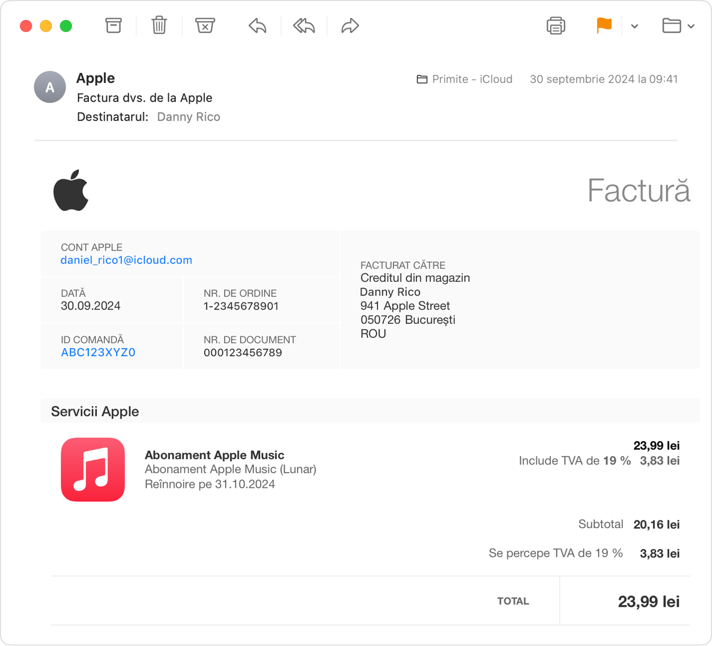 Factură prin e-mail de la Apple. Contul Apple asociat cu achiziția este afișat în informațiile de facturare.