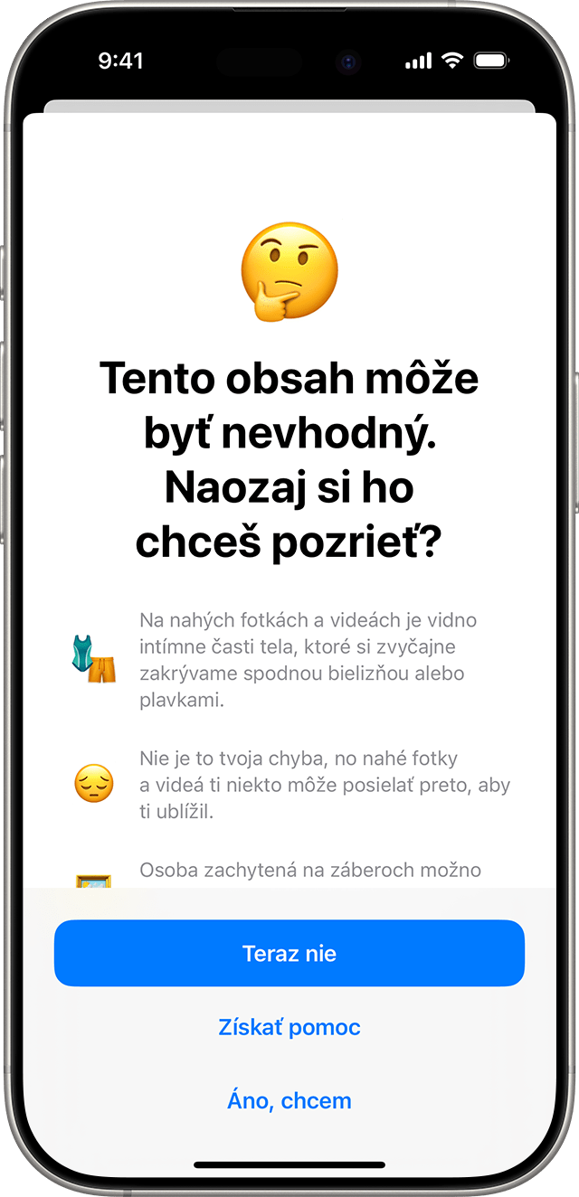 Bezpečnosť komunikácie sa uistí o tom, že obsah, ktorý si chce dieťa pozrieť, je potenciálne citlivý, a ponúkne spôsoby podpory.