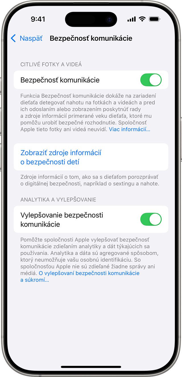 V iPhone nastaveniach zapnite Bezpečnosť komunikácie.