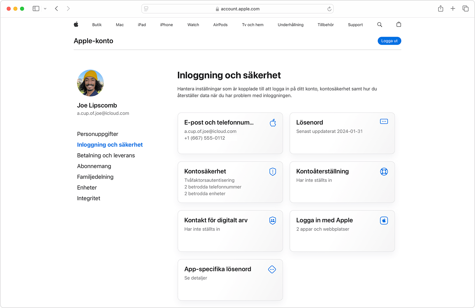 Apple-kontosida på webben som visar avsnittet Inloggning och säkerhet