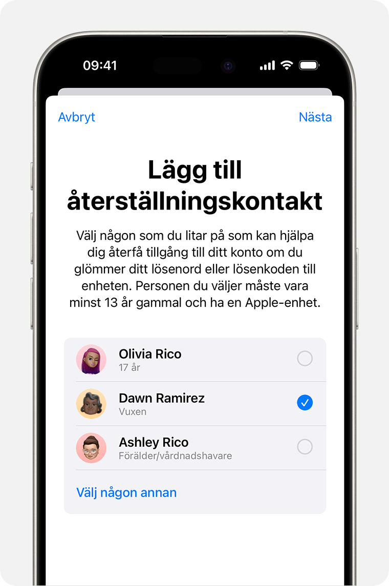 En iPhone som visar kontakter som du kan lägga till som en kontakt för återställning