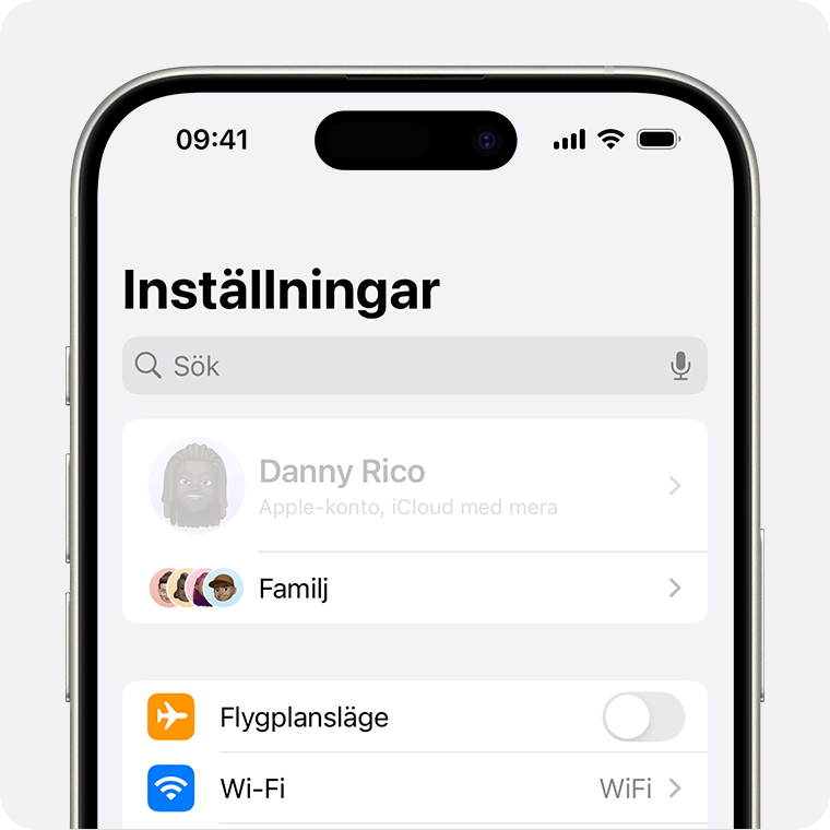 En iPhone som visar ägarens namn nedtonat överst i Inställningar.