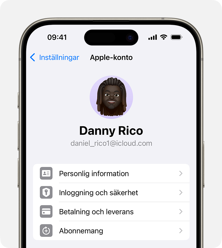 Apple-kontoinställningar i appen Inställningar på en iPhone.