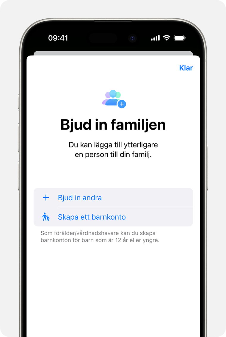 iPhone som visar en familjedelningsinbjudan, inklusive alternativet att skapa ett barnkonto