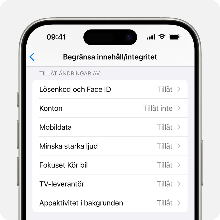 En iPhone som visar innehålls- och integritetsbegränsningarna som du kan aktivera i skärmtid.