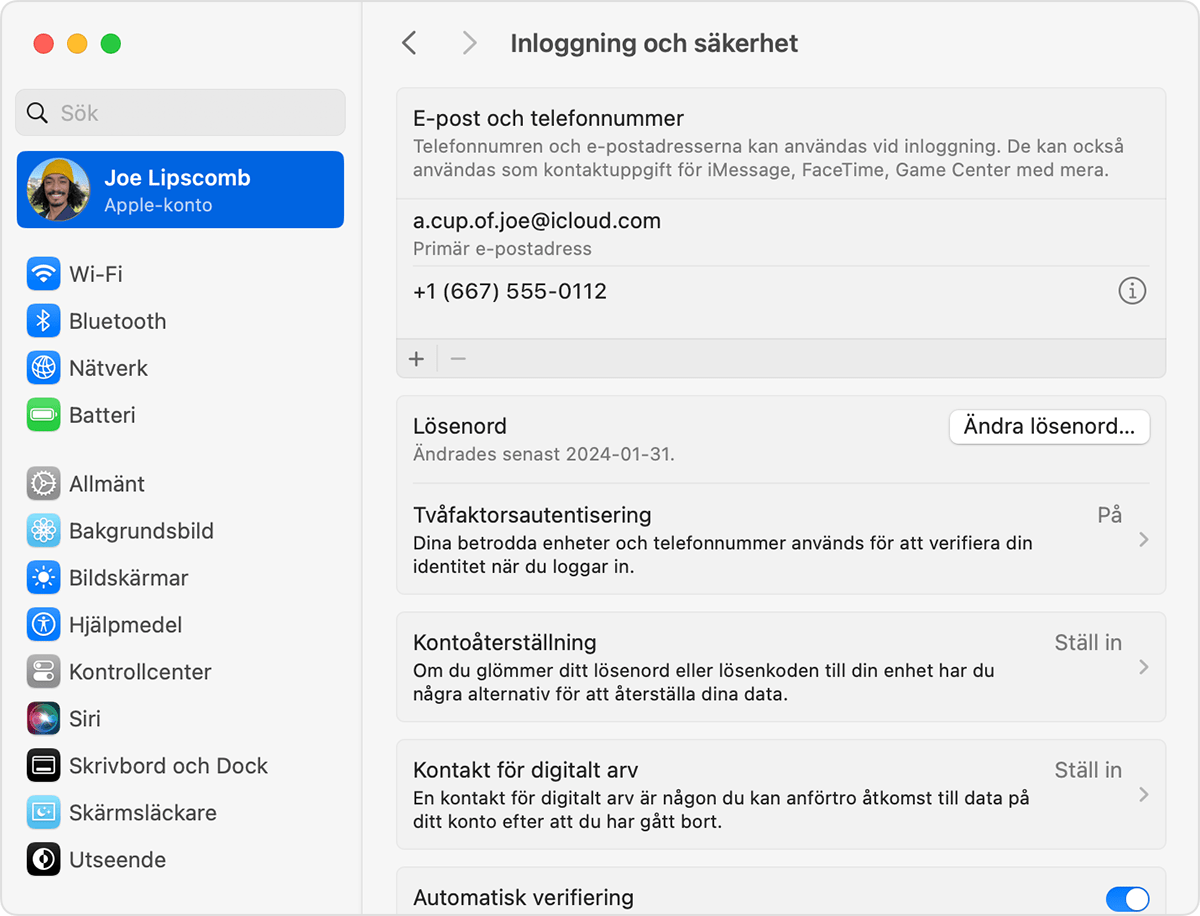 Mac-systeminställningarna som visar inställningarna Inloggning och säkerhet med knappen Ändra lösenord