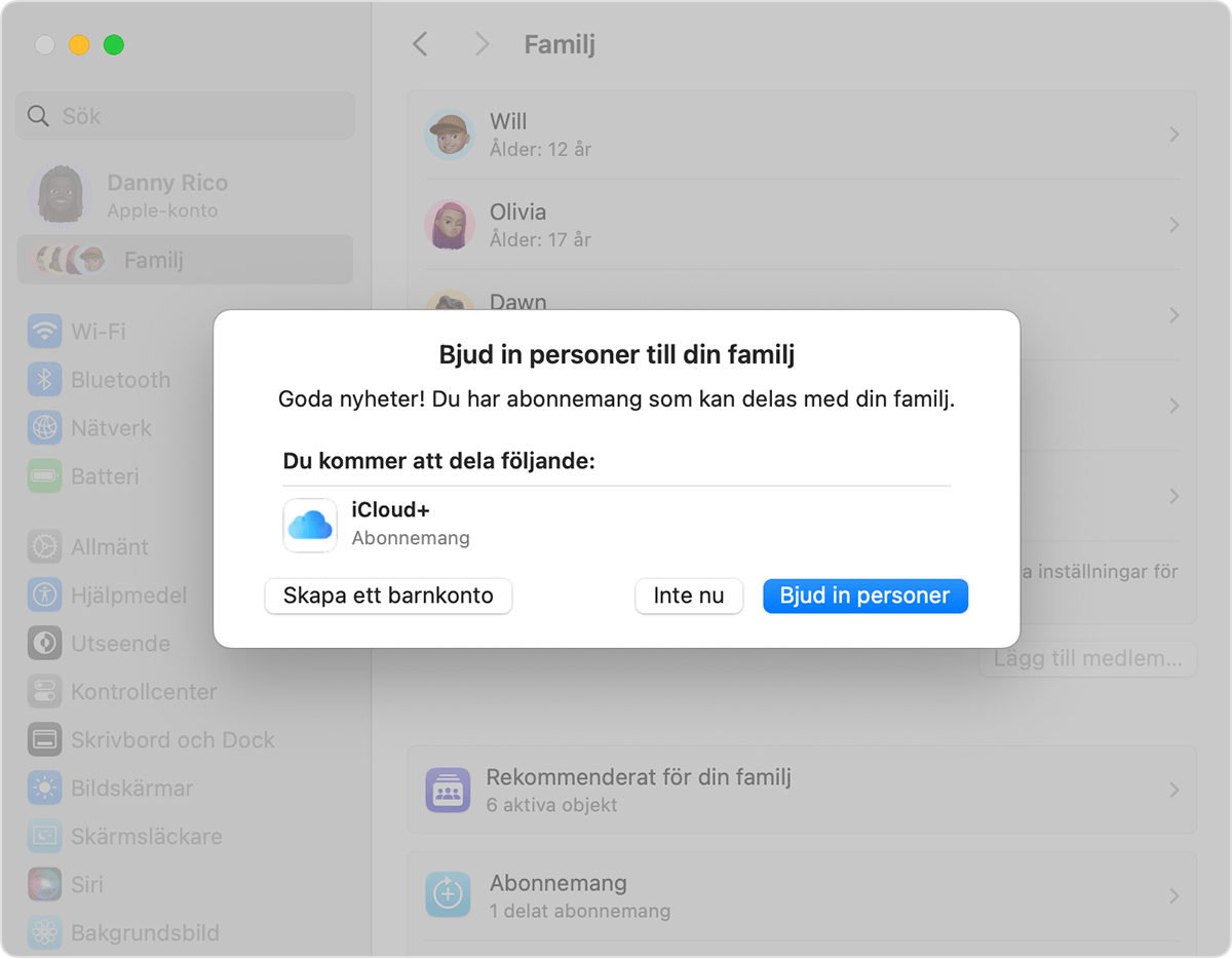 Mac-systeminställningar som visar inbjudan till familjedelning och knappen Skapa barnkonto