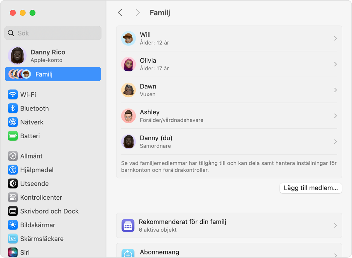 Mac-systeminställningar som visar familjeinställningar, inklusive knappen för att lägga till medlem