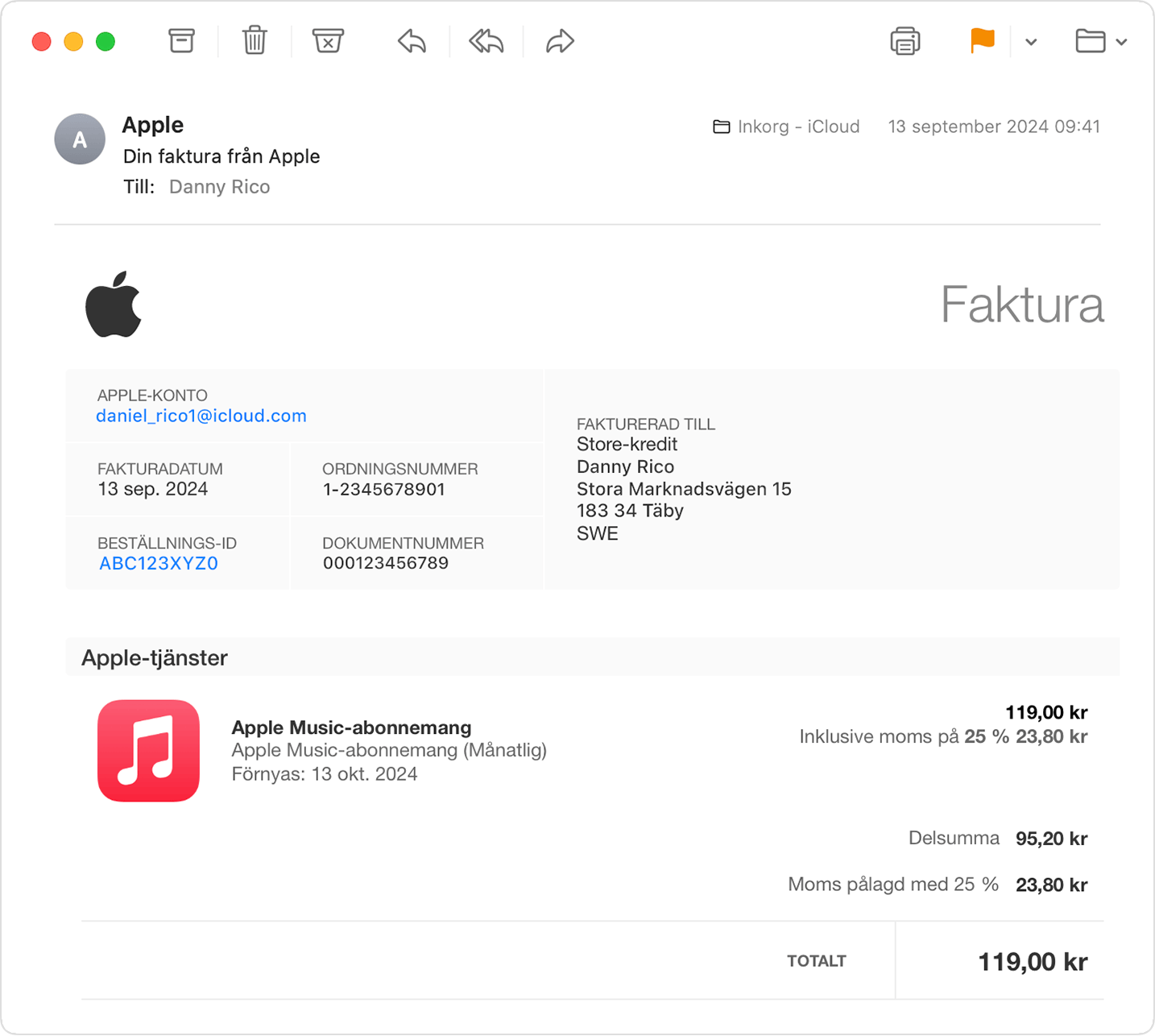 E-postkvitto från Apple. Apple-kontot som är kopplat till köpet visas med faktureringsinformation.