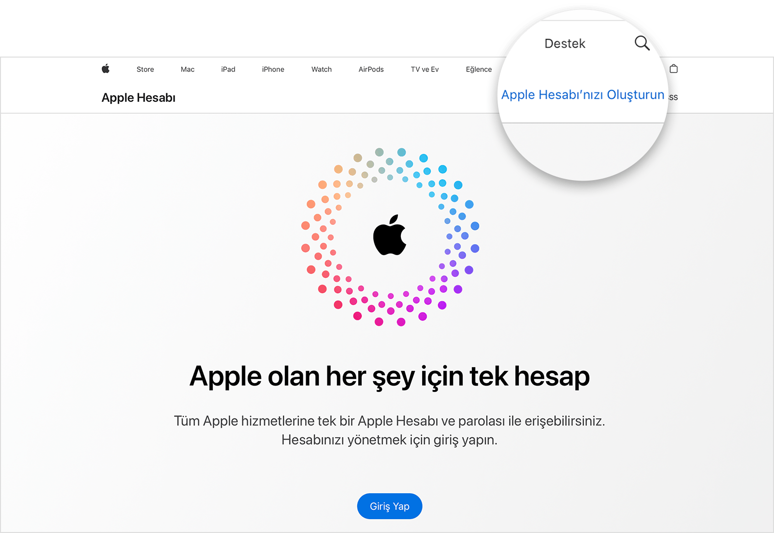 Apple Hesabınızı Yaratın bağlantısını gösteren web ekranı