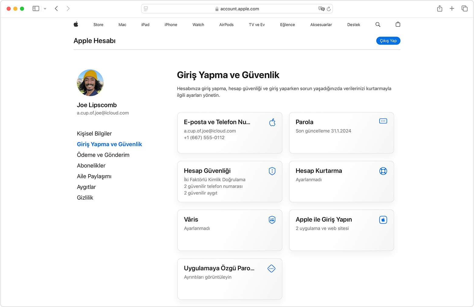 Web'de, Giriş Yapma ve Güvenlik bölümünün gösterildiği Apple Hesabı sayfası