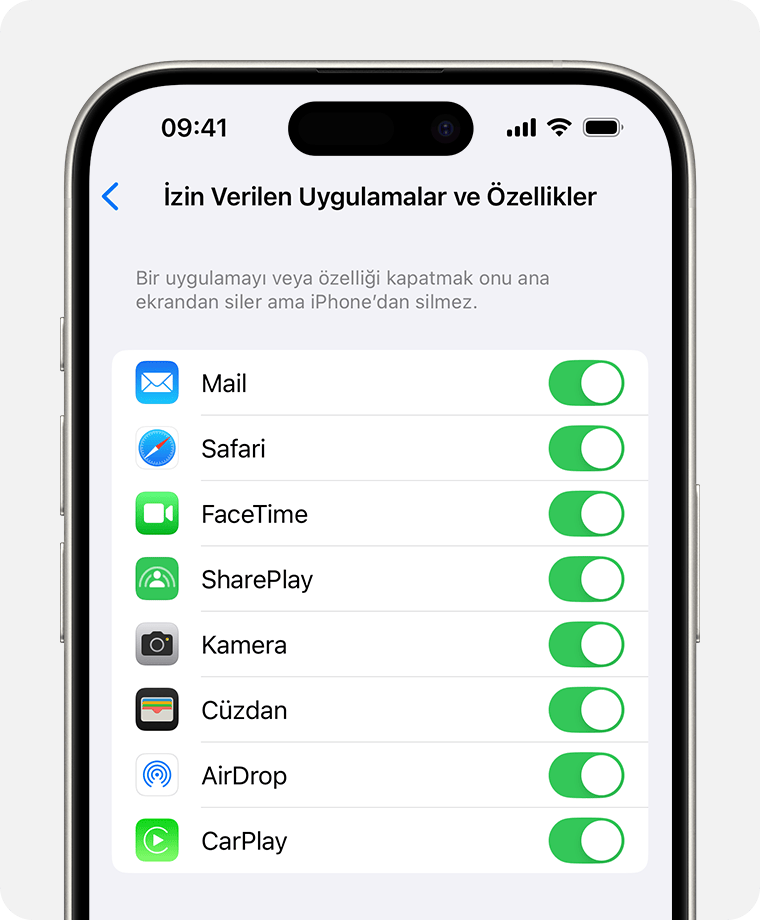 İzin Verilen Uygulamalar'ı gösteren iPhone ekranı