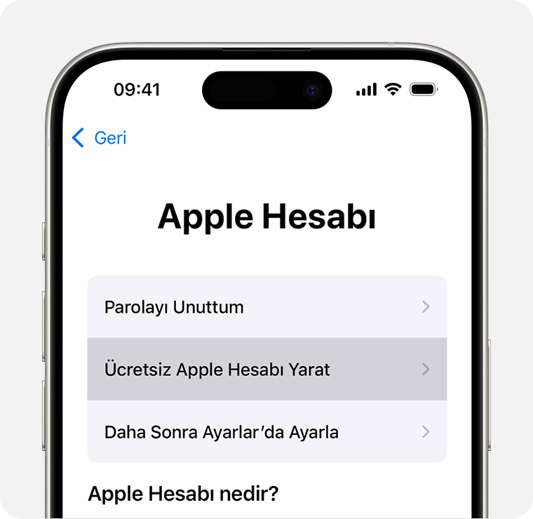 Ücretsiz Apple Hesabı Yarat seçeneğini gösteren iPhone ekranı