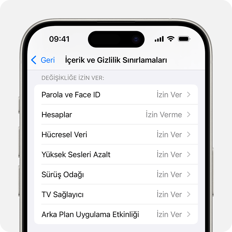 Ekran Süresi kısmında etkinleştirebileceğiniz İçerik ve Gizlilik Sınırlamaları'nın gösterildiği bir iPhone.