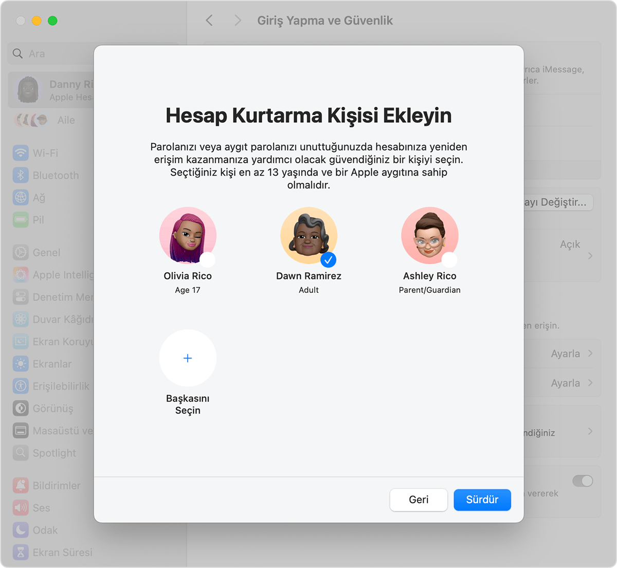 Kurtarma Kişisi olarak ekleyebileceğiniz kişileri gösteren Mac