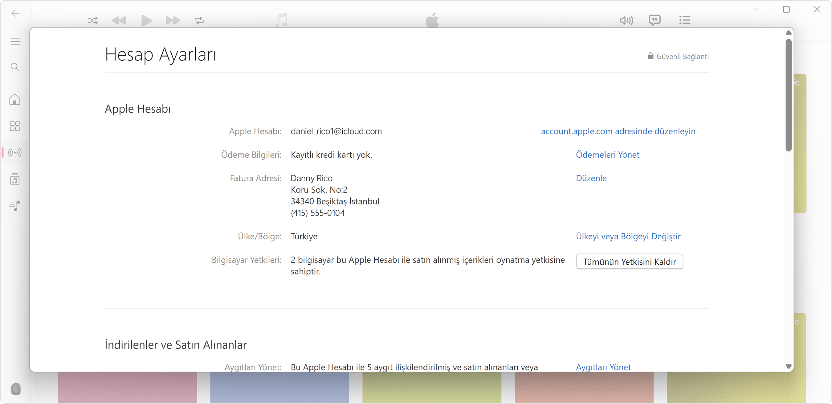 Windows PC'de, Hesap Bilgileri sayfasının ve yetkilendirilen bilgisayar sayısının gösterildiği Apple Music uygulaması