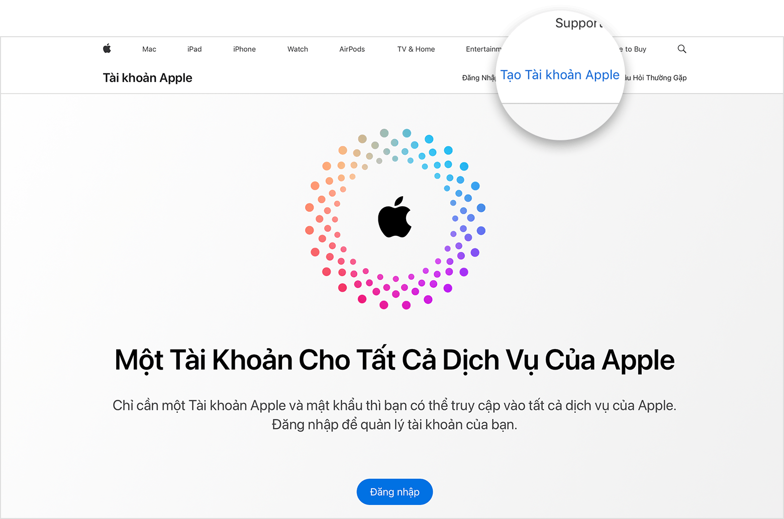 Màn hình web hiển thị liên kết để Tạo Tài khoản Apple