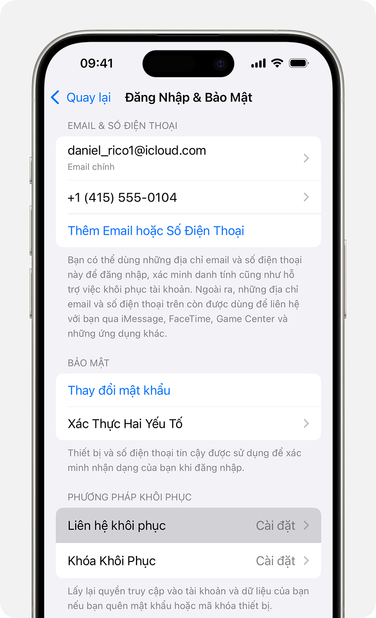 iPhone hiển thị cài đặt Tài khoản Apple và cách thêm Liên hệ khôi phục