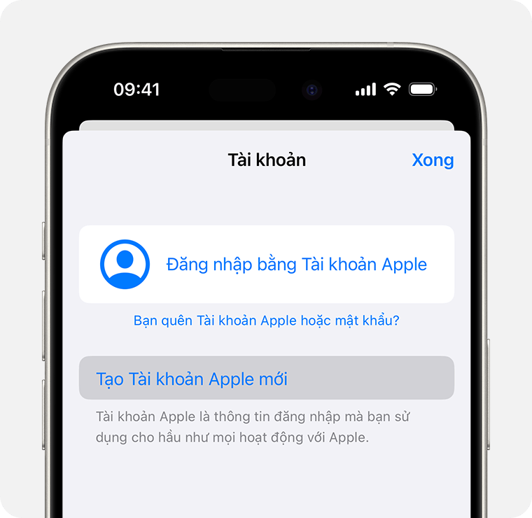 Màn hình iPhone hiển thị tùy chọn Tạo tài khoản Apple mới