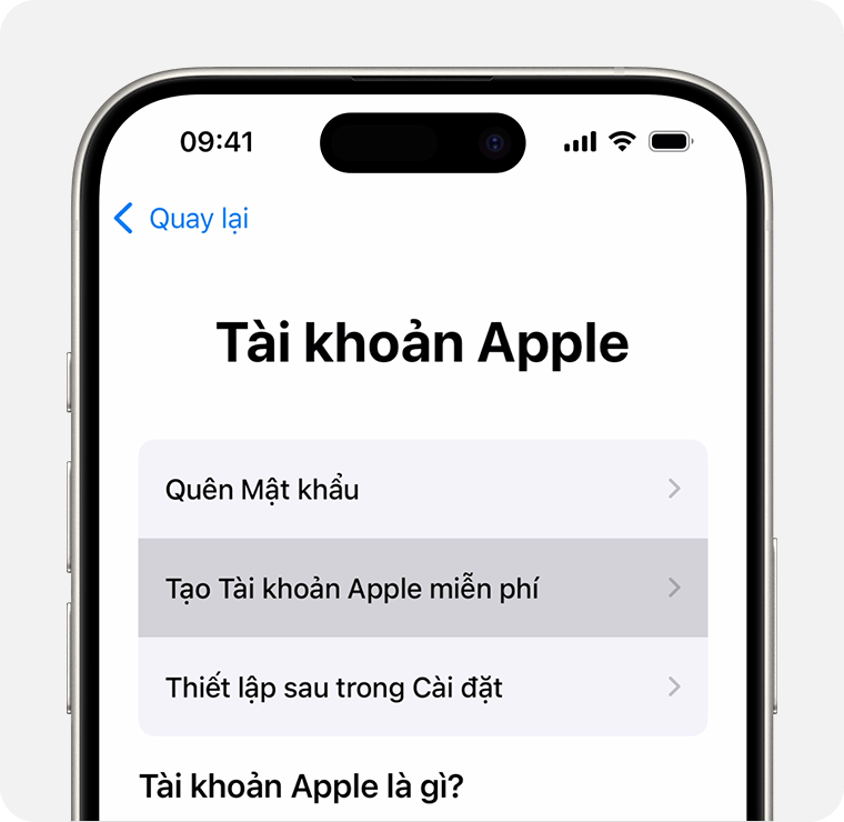 Màn hình iPhone hiển thị tùy chọn để chọn Tạo Tài khoản Apple miễn phí