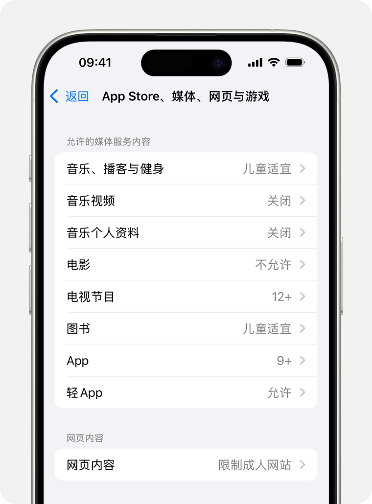 iPhone 屏幕上显示了“内容限制”选项