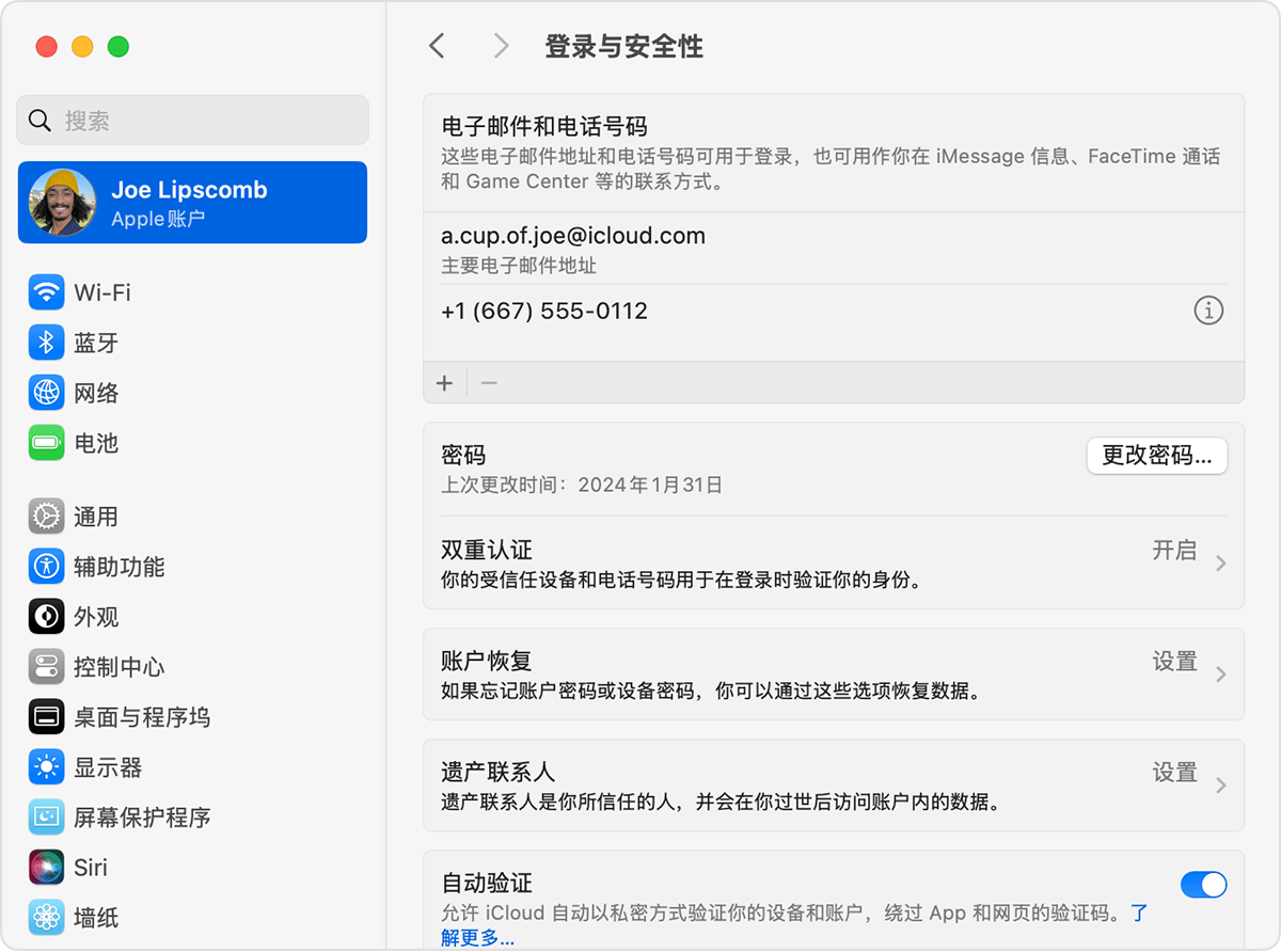 Mac 的“系统设置”中显示了“登录与安全性”设置和“更改密码”按钮