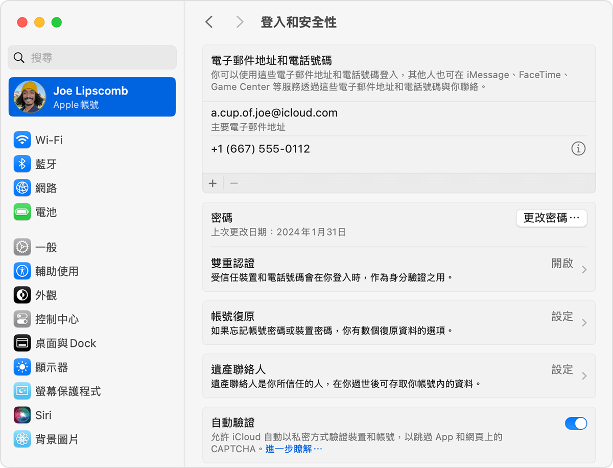 在 Mac 上的「Apple 帳號」設定中，尋找可用來登入「Apple 帳號」的電子郵件地址和電話號碼