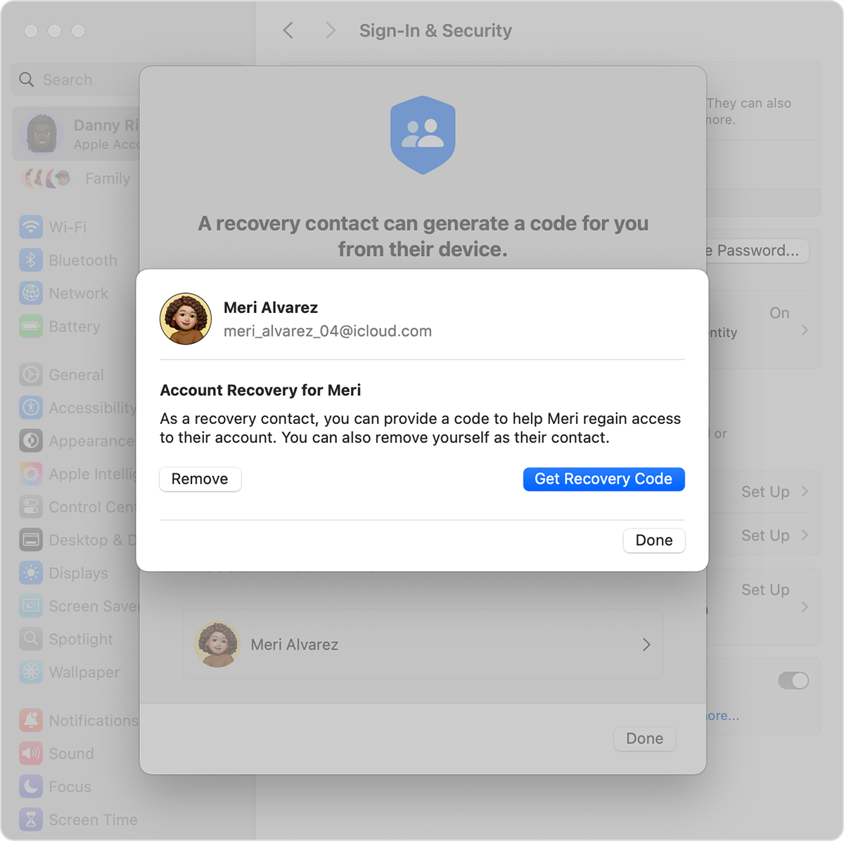 On Mac, get a recovery code for a friend or family member.