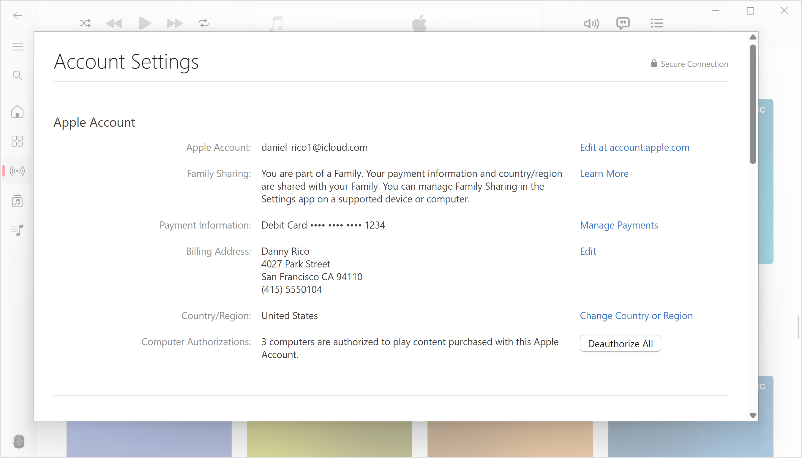 Apple Music app for Windows PC showing the Account Information page and how many computers are authorised