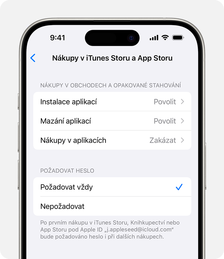 Obrazovka iPhonu a na ní možnost vypnout nákupy v iTunes a App Storu