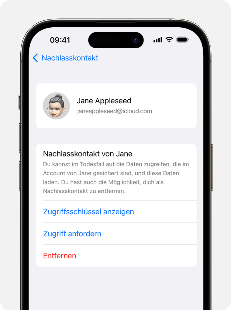 iPhone-Bildschirm, der zeigt, wie der Zugriff als Nachlasskontakt angefordert wird