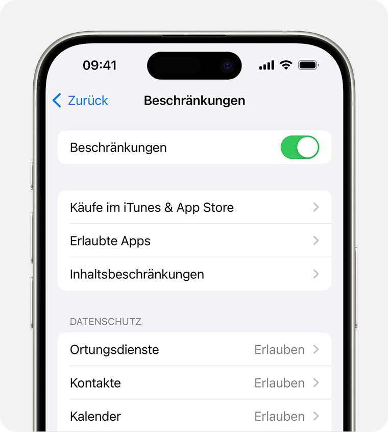 Auf dem iPhone-Display ist die Einstellung für „Beschränkungen“ zu sehen