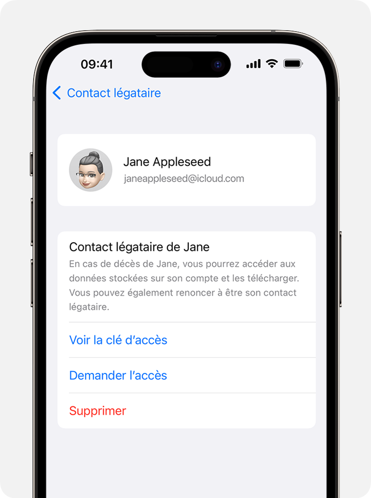 Écran d’iPhone montrant comment demander l’accès pour devenir contact légataire