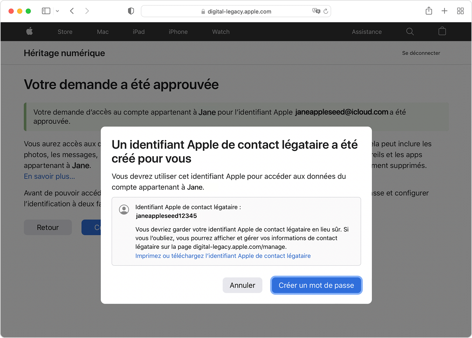 Une fois votre demande de contact légataire approuvée, un message vous indique qu’un identifiant Apple de contact légataire a été créé pour vous. Vous pouvez imprimer ou télécharger cet identifiant Apple de contact légataire, ou toucher le bouton bleu Créer un mot de passe.