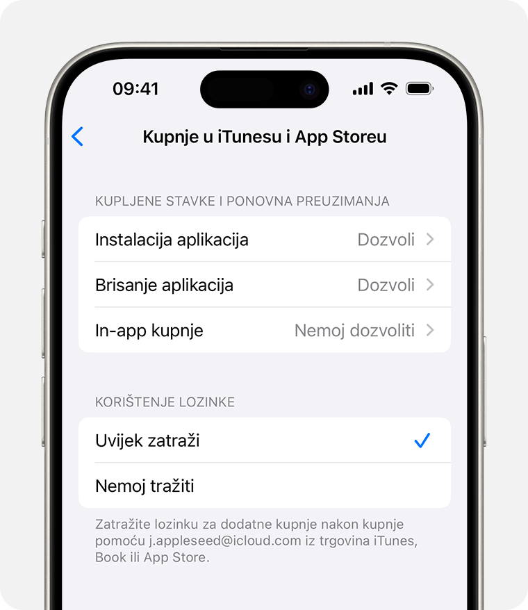 iPhone zaslon s prikazom postavki za onemogućivanje kupnji na servisima iTunes i App Store 