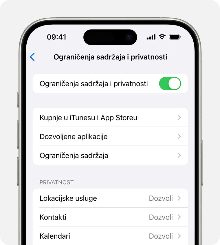 iPhone zaslon s prikazom postavki Ograničenja sadržaja i privatnosti